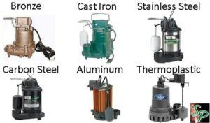 Sump pumps have different housing as shown here: bronze, cast iron, stainless steel, carbon steel, aluminum and thermoplastic.